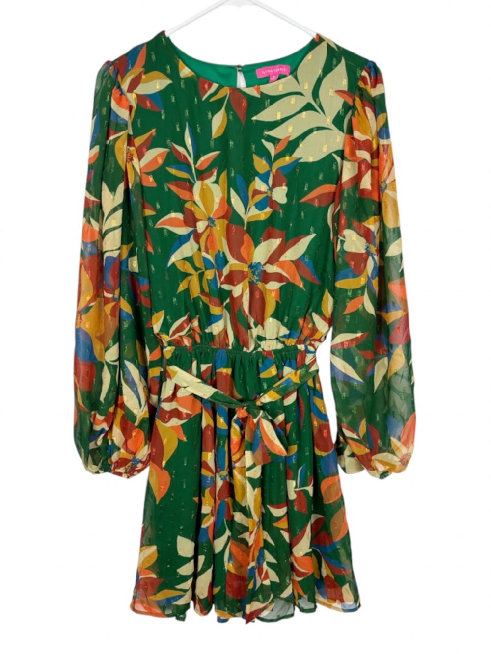 Flying Tomato Green Tropical Floral Boho Chiffon Long Sleeve Mini Dress Small